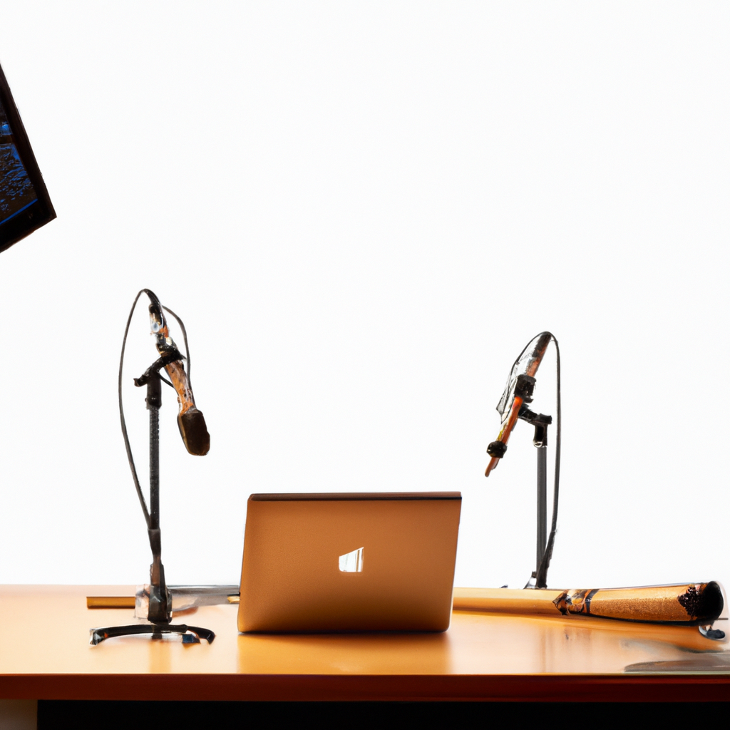 Minimalist Canadian newsroom desk with laptop, microphone, and headphones for journalism training